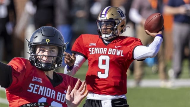Bo Nix and Michael Penix Jr. at the Senior Bowl in Mobile, Alabama.